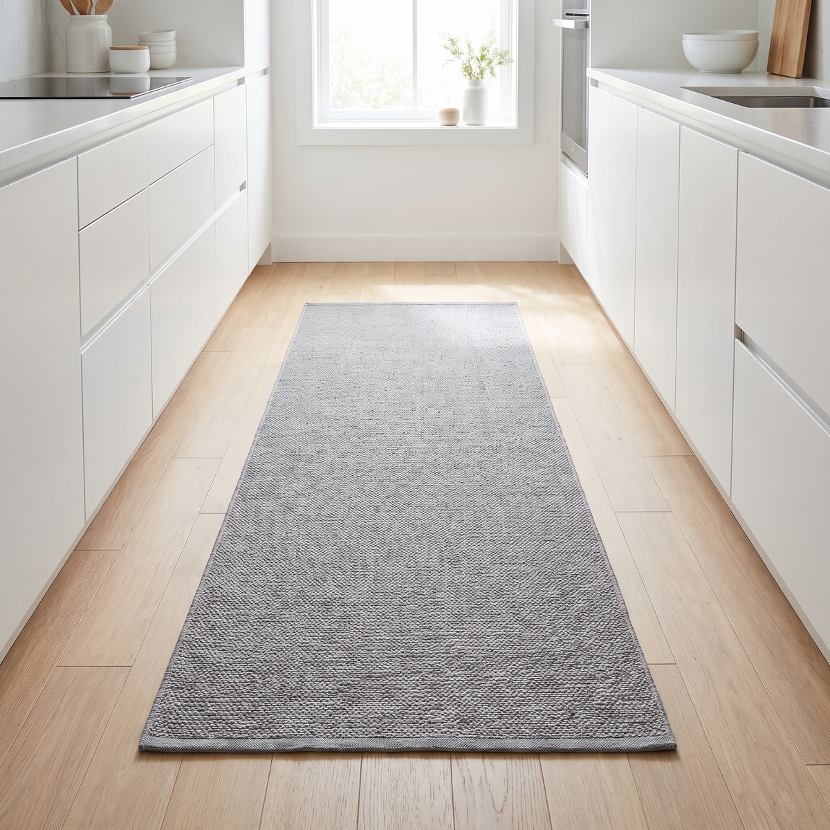 Furnix non-slip runner rug 2x6 in gray on a modern kitchen floor