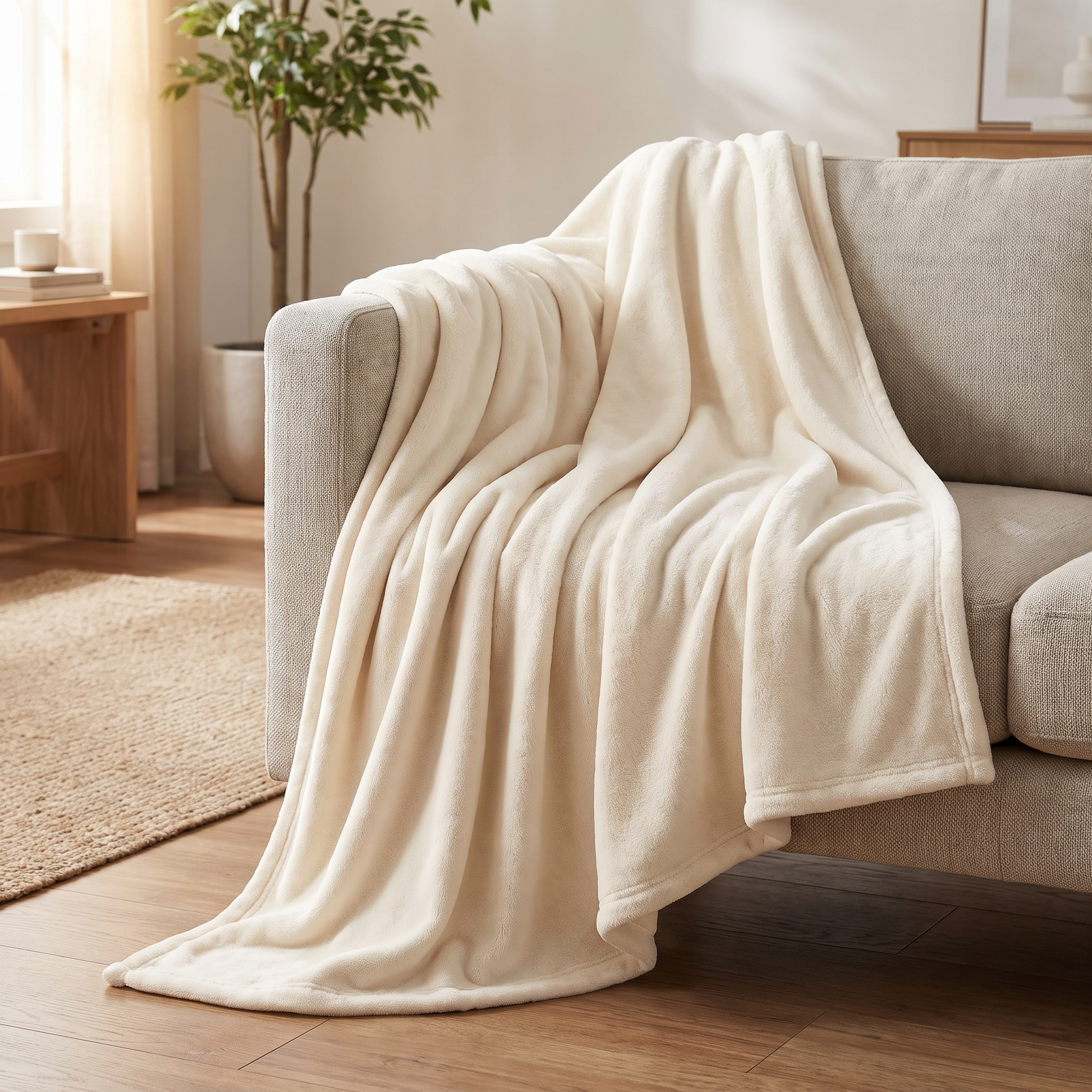 Furnix cream fleece throw blanket draped over a modern sofa arm