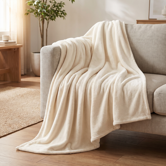 Furnix cream fleece throw blanket draped over a modern sofa arm