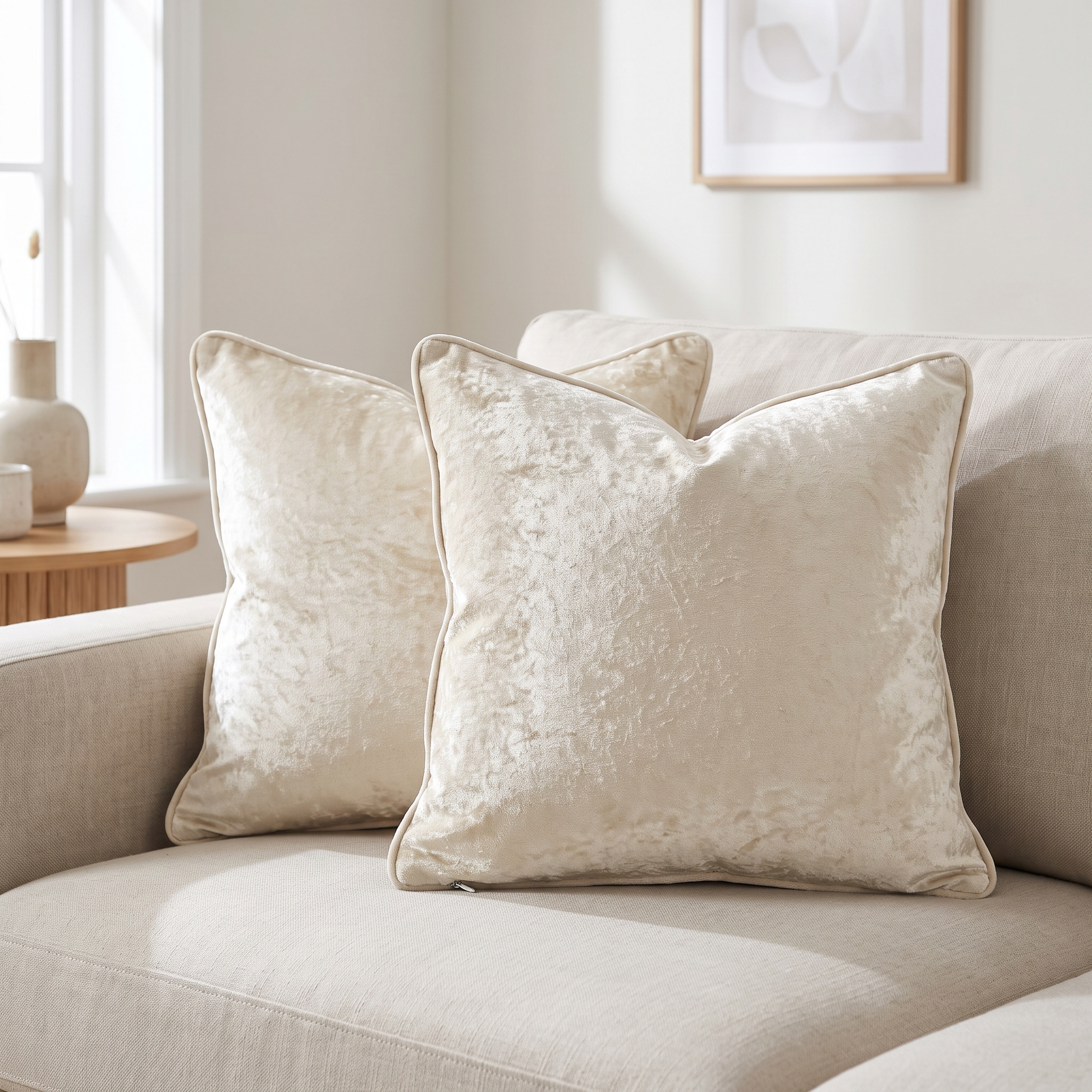 Furnix cream velvet throw pillow covers set of two on a neutral sofa