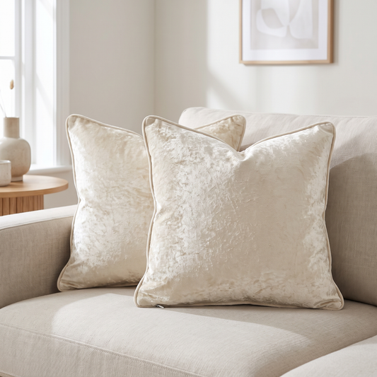 Furnix cream velvet throw pillow covers set of two on a neutral sofa