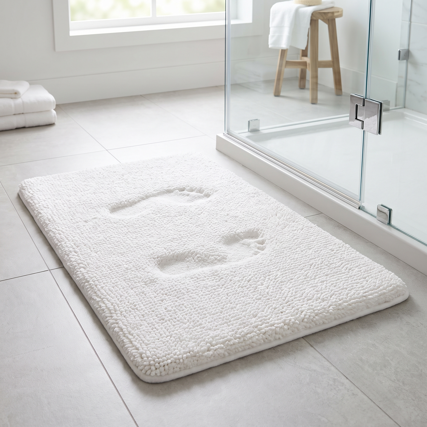 Furnix white memory foam bath mat on a tile bathroom floor