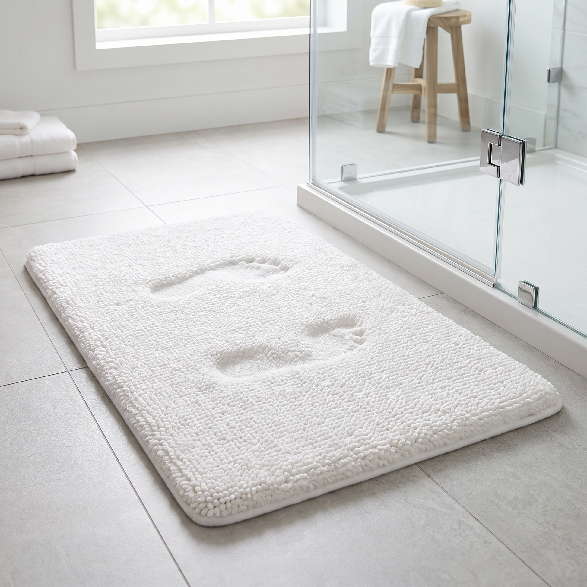 Furnix white memory foam bath mat on a tile bathroom floor