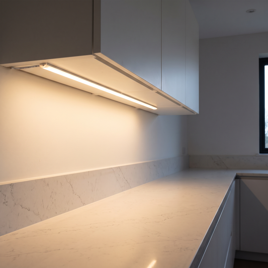 Furnix warm white LED strip lighting under a kitchen cabinet