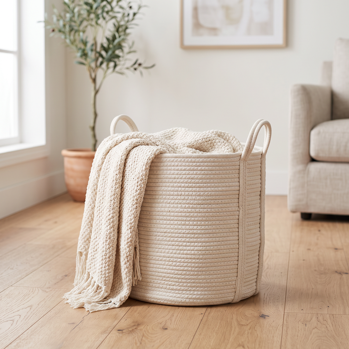 Furnix natural cotton rope woven storage basket with handles